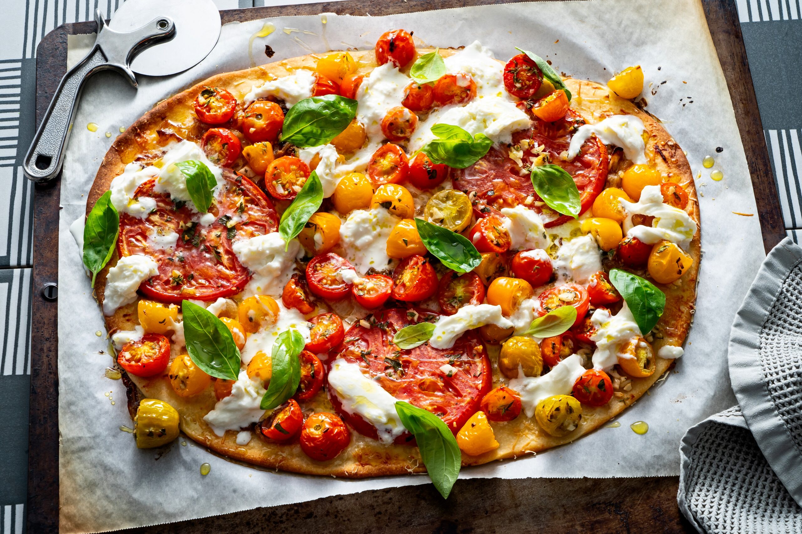 Cracker-Thin Pizza with Cherry Tomatoes