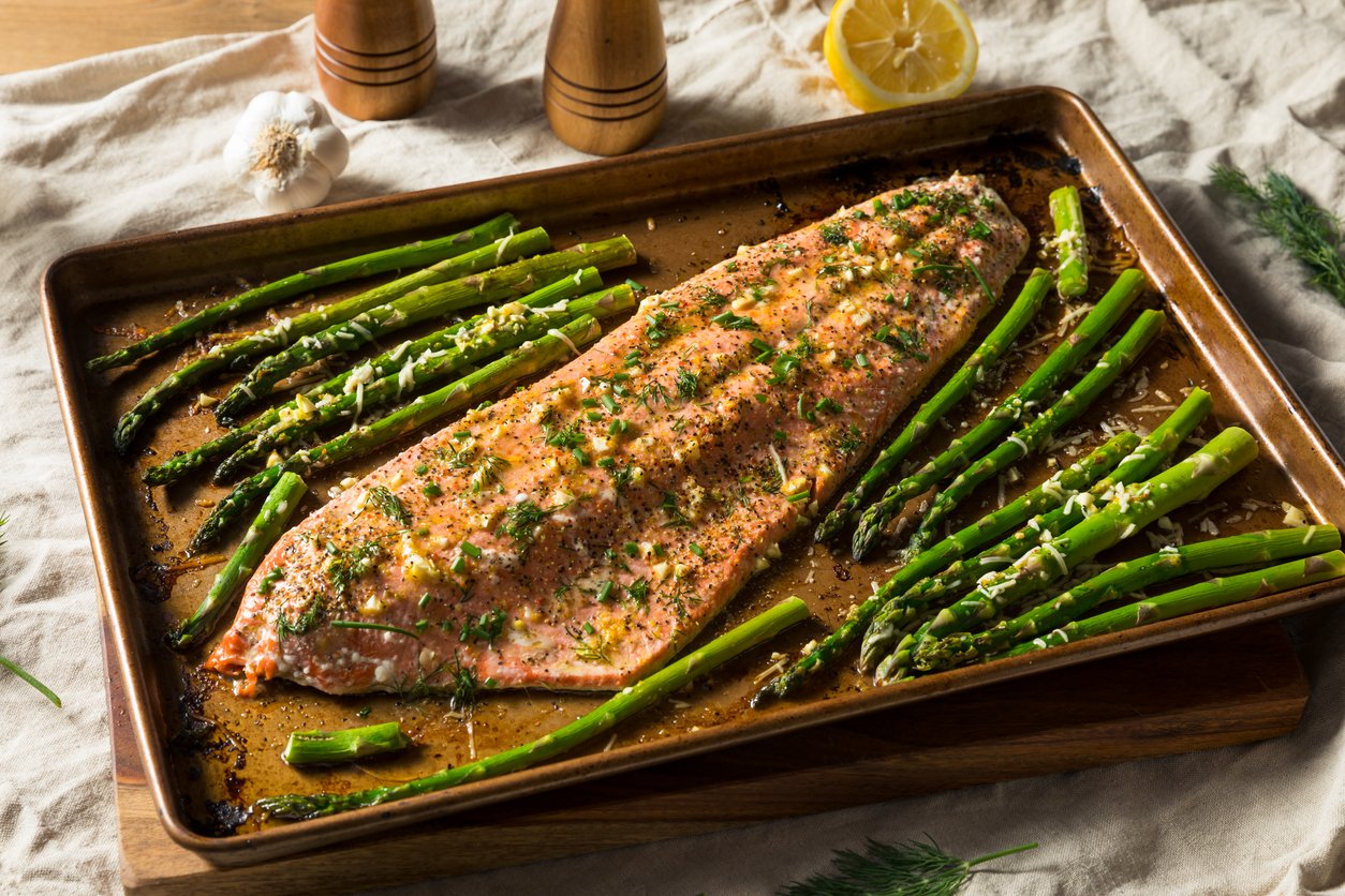 Baked Salmon with Roasted Asparagus and Lemon Caper Sauce