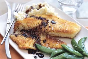 Tilapia with Balsamic Butter Sauce, Thyme Mashed Potatoes and Sugar Snap Peas