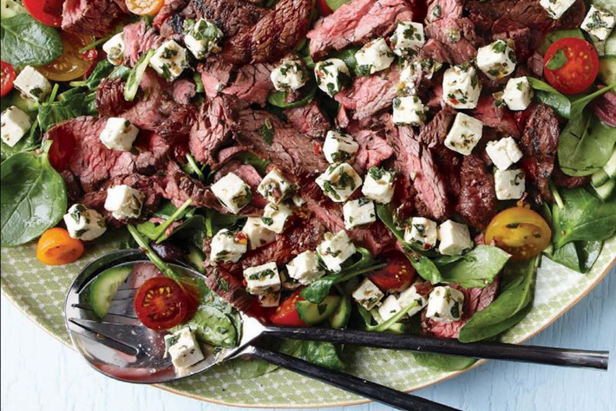Greek Spinach Salad with Grilled Flap Steak and Marinated Feta